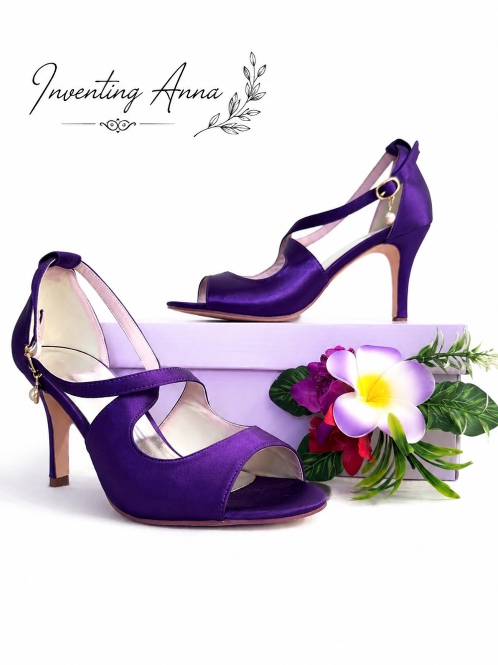 Purple Satin Peep Toe Heels Crisscross
Ankle Strap 3-Inch Stiletto Evening Shoes